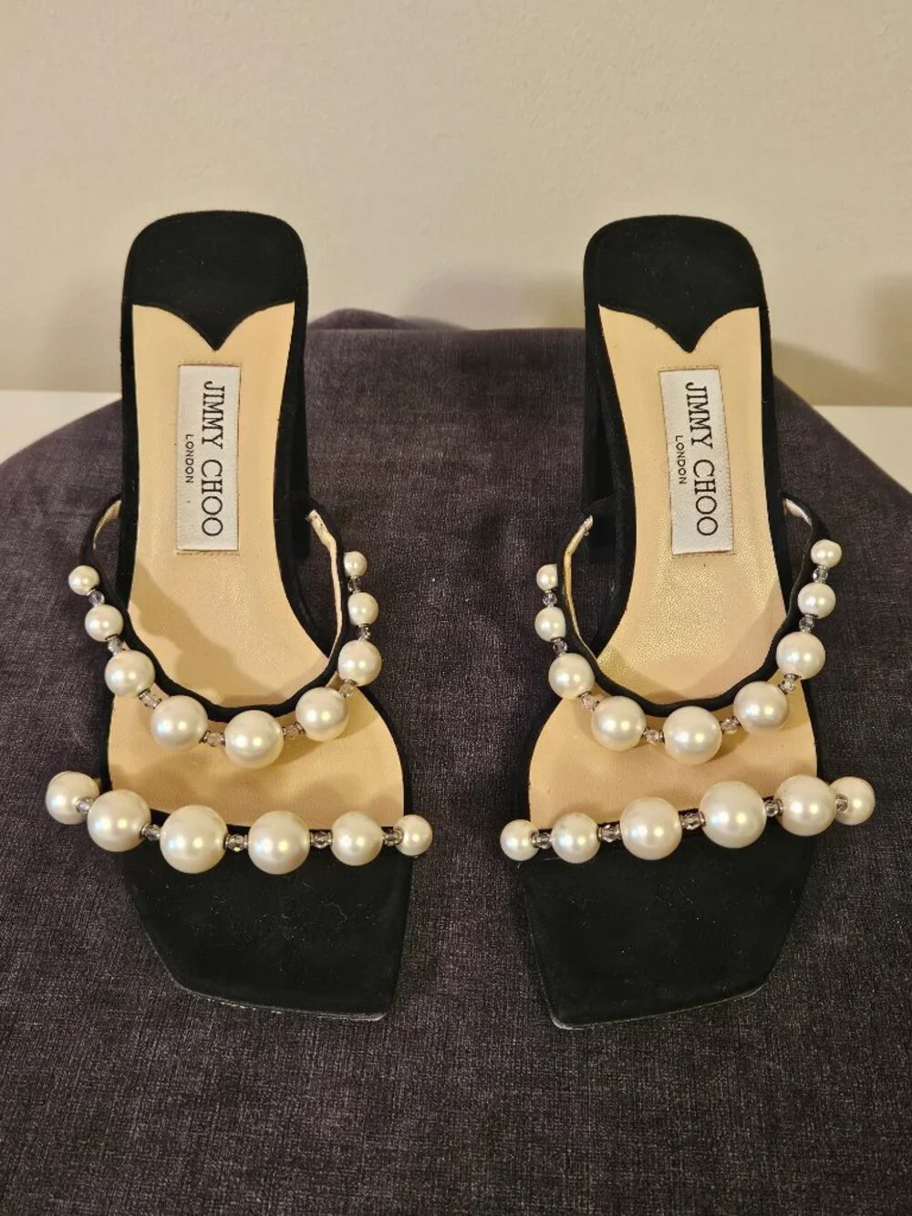 Jimmy Choo Amara 85mm Pearl Straps Suede Block Heels Mules EUC  EU 38.5 US 8-8.5 - Picture 3 of 9